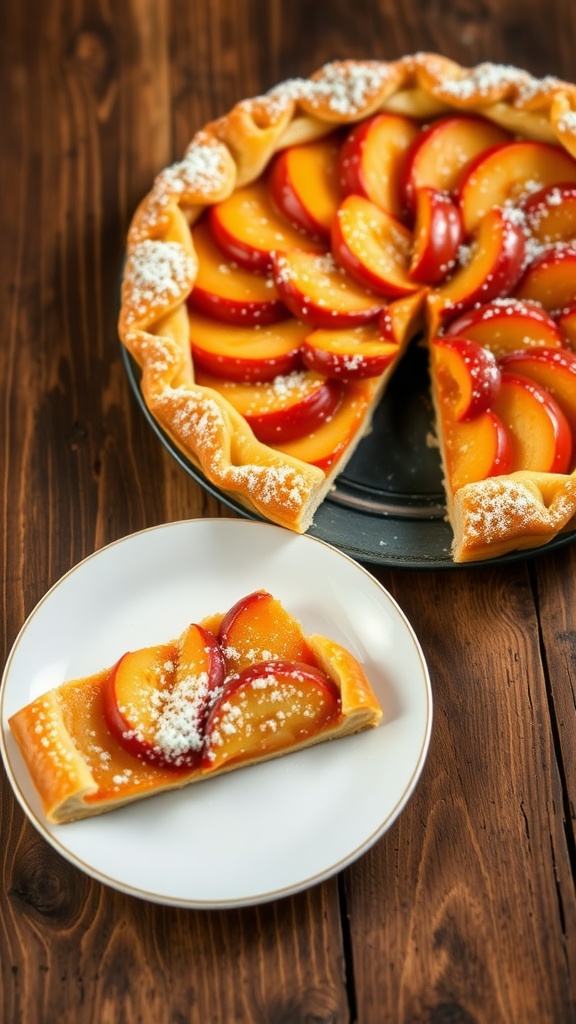 Classic French Apple Tart with caramelized apples on a golden puff pastry crust, served on a rustic table.